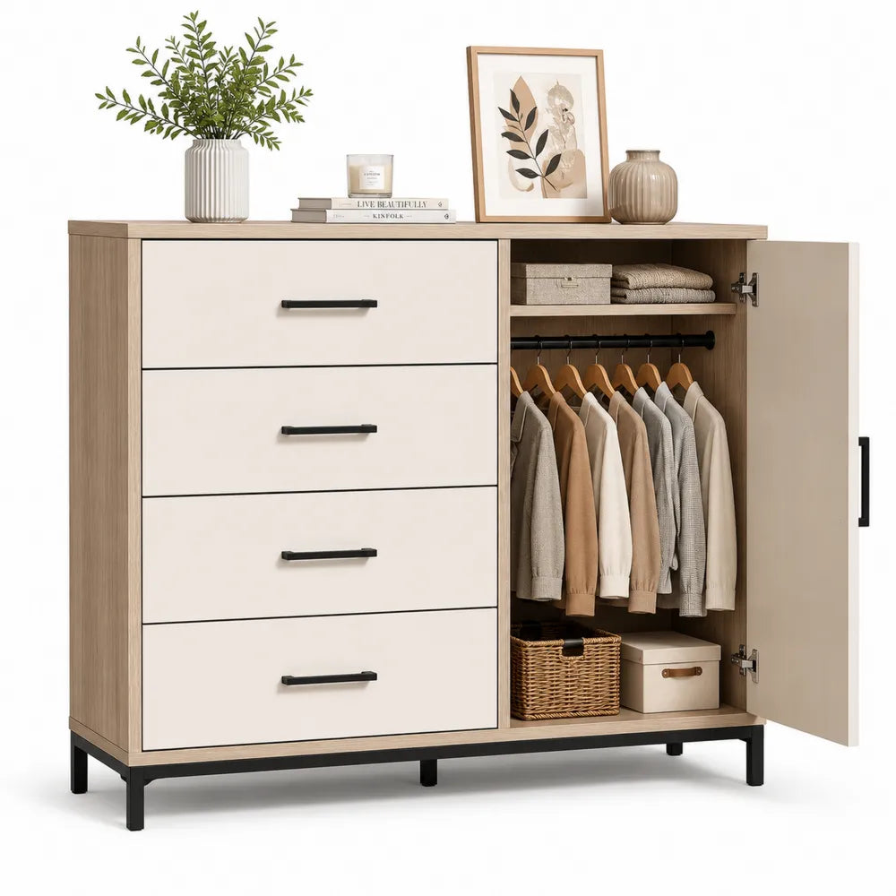 Holzkommode mit Schubladen und Tür, Metallrahmen, Beige