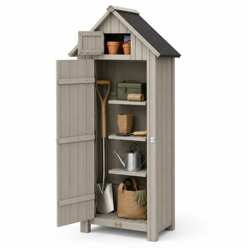 Holz Gartenschrank mit Satteldach aus Kiefernholz, Grau 80x45x180 cm