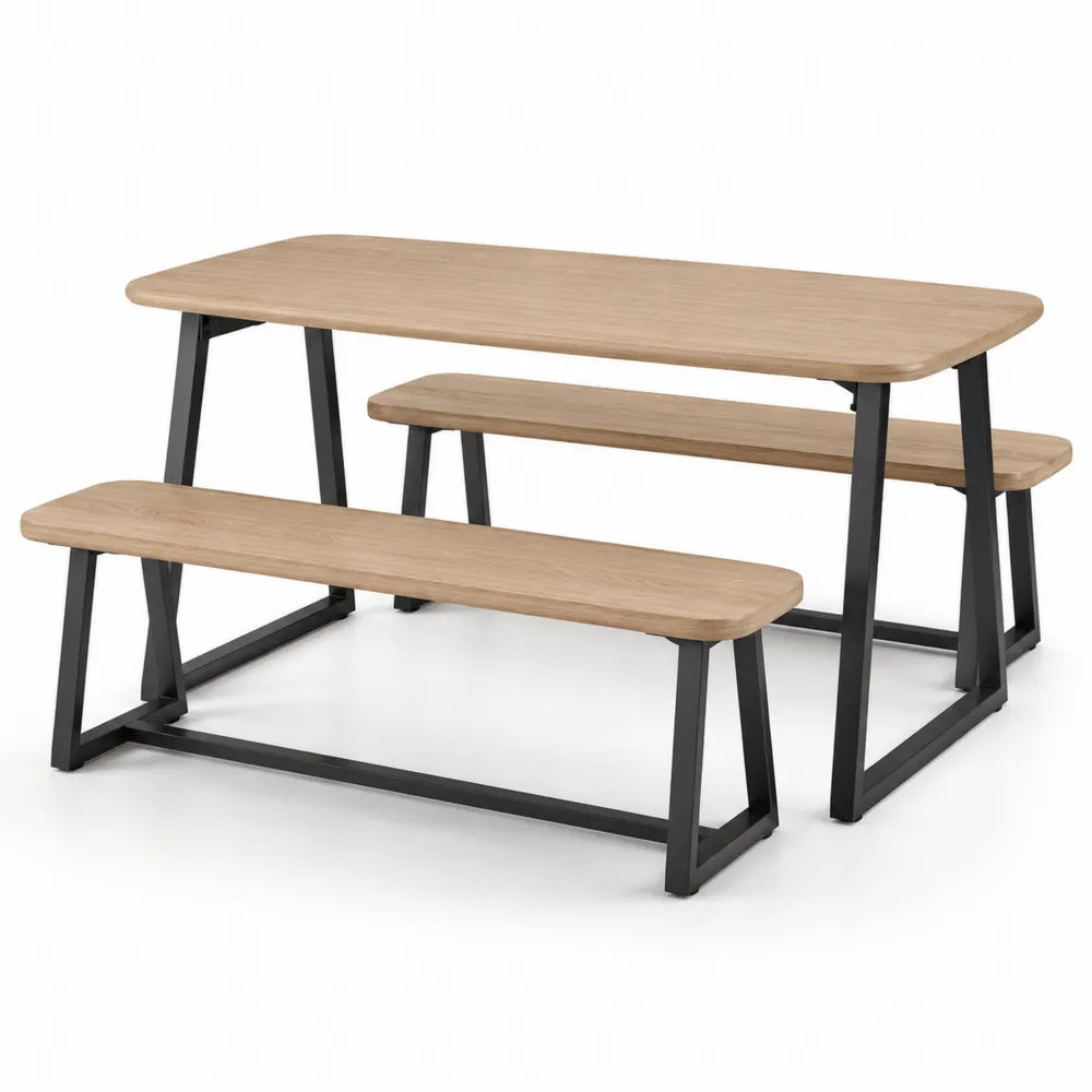 Essgruppe aus Holz und Metall mit Tisch und 2 Bänken