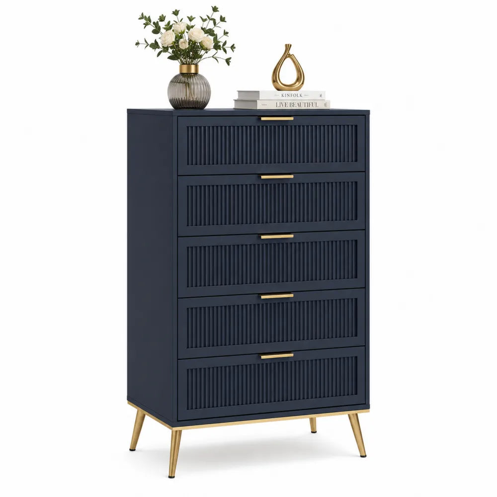 Blaue Kommode mit 5 Schubladen aus MDF und Metall