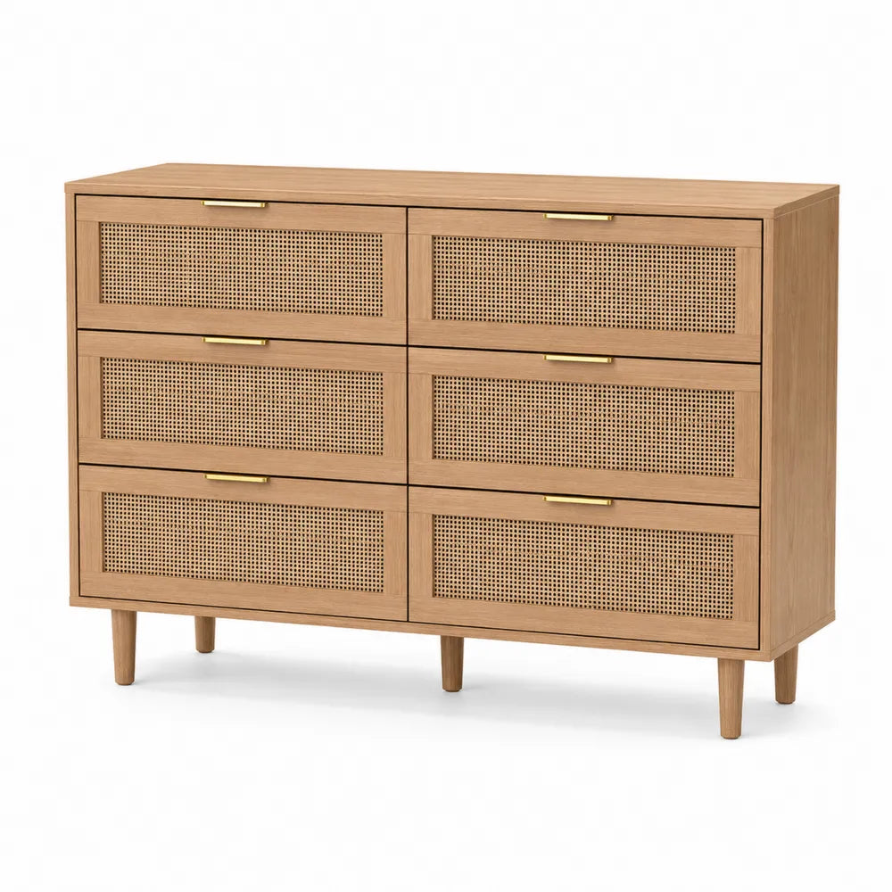 Kommode Massivholz mit Rattangeflecht 6 Schubladen 90x120x40cm