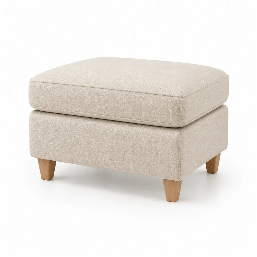 Rechteckiger Fußhocker aus Leinen mit Eichenholzbeinen, Beige