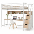 Metall Hochbett mit Schreibtisch und Treppenregal Weiß und Holz 200x90cm