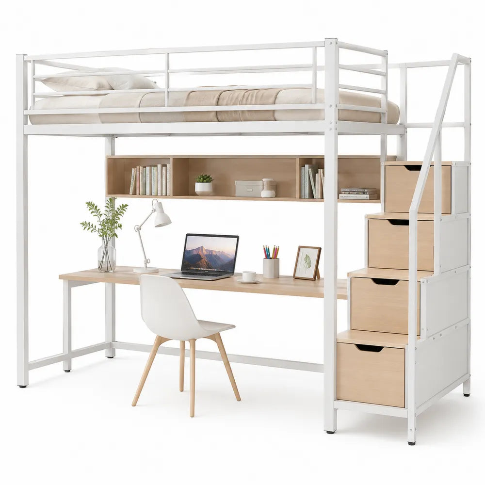 Metall Hochbett mit Schreibtisch und Treppenregal Weiß und Holz 200x90cm